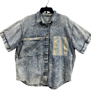 Vintage Acid Wash Denim Shirt Boho Western Size 22W Aztec Pocket